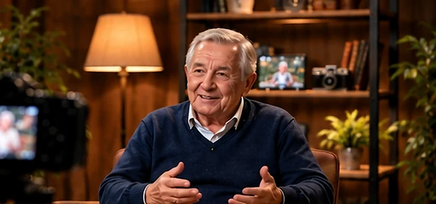 Пожилой мужчина делится воспоминаниями в студийном интервью